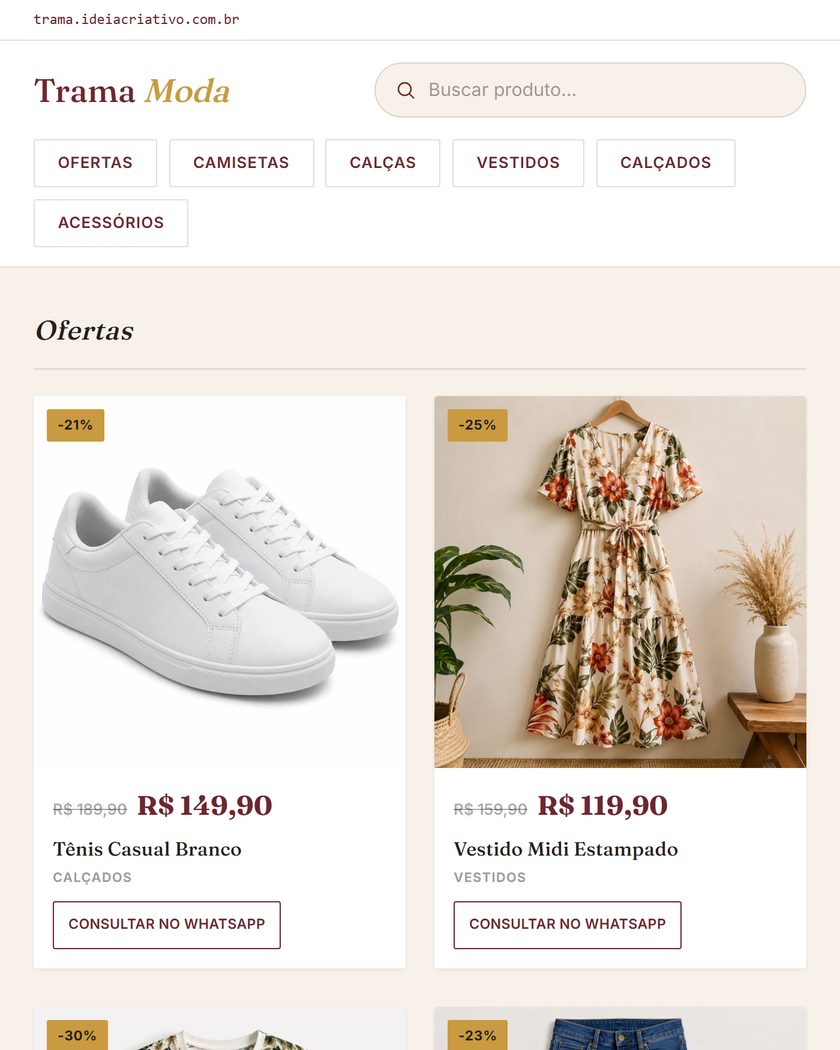 Prévia da Vitrine Digital: cabeçalho com busca, categorias e produtos em oferta